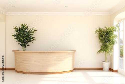 Modern reception area with wooden desk and potted plants, featuring large windows and natural light