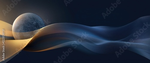 A semi - transparent spherical object with a pattern of dots, surrounded by flowing golden and blue wavy lines on a dark background, creating a futuristic and visually captivating composition.