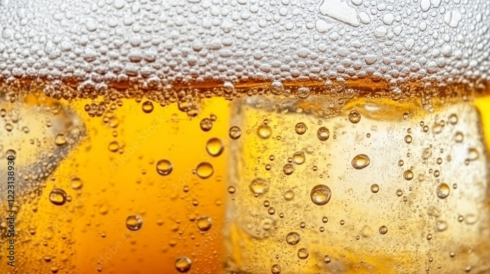 Close up of Sparkling Golden Beverage with Ice Cubes and Bubbles Close up of Sparkling Golden Beverage with Ice Cubes and Bubbles