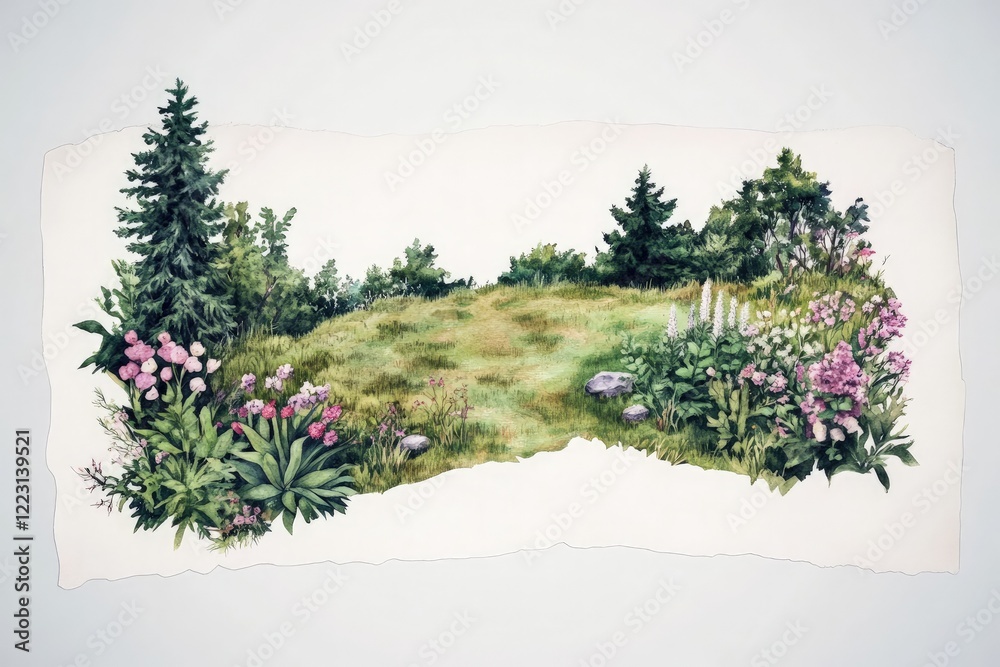 Fototapeta premium Lush garden scene with vibrant flowers and greenery under a clear sky, ideal for nature themes