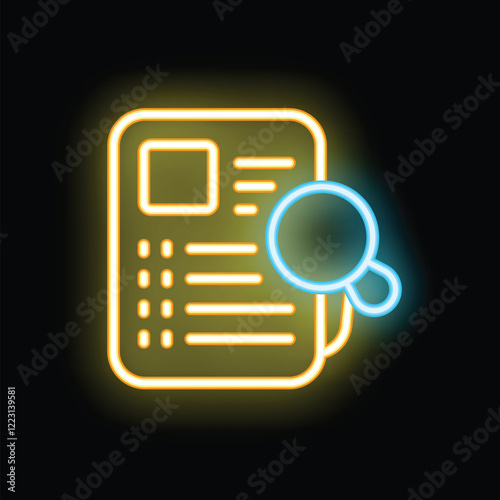 Yellow neon icon of magnifying glass analyzing a document, on a black background, representing fact checking and information verification