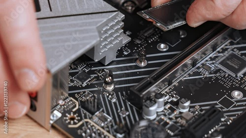 Master installs SSD m2 sata on motherboard. motherboard during custom PC assembly. 4k
