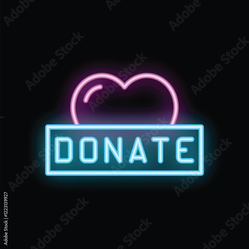 Neon sign with pink heart shape over blue donate sign on black background