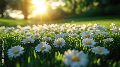 A vibrant field of daisies blooming under the warm sunlight in a serene park setting