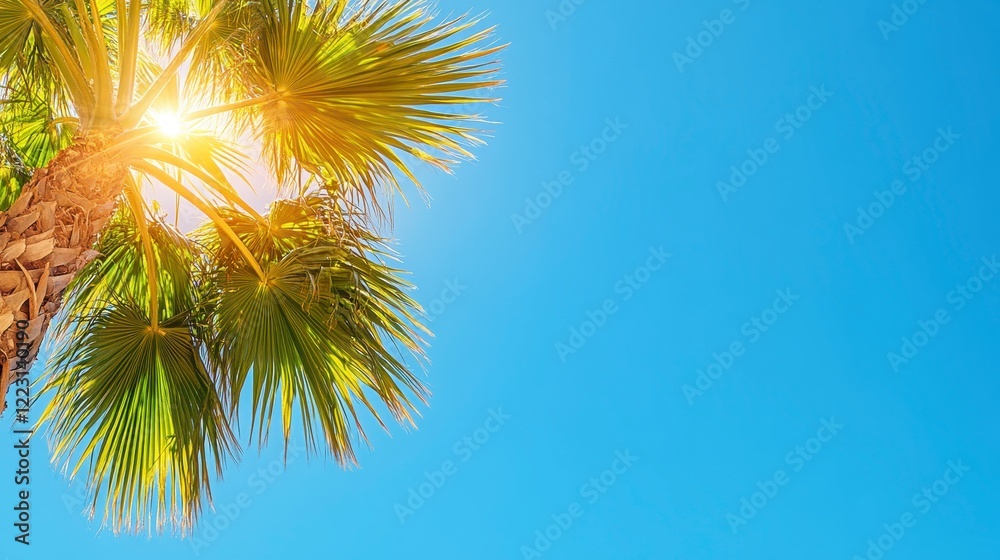 Obraz premium Vibrant Palm Tree Leaves against a Sunny Blue Sky Summer Vacation Background