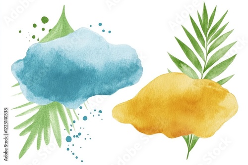 Vibrant watercolor abstract design featuring blue and yellow clouds with green foliage accents