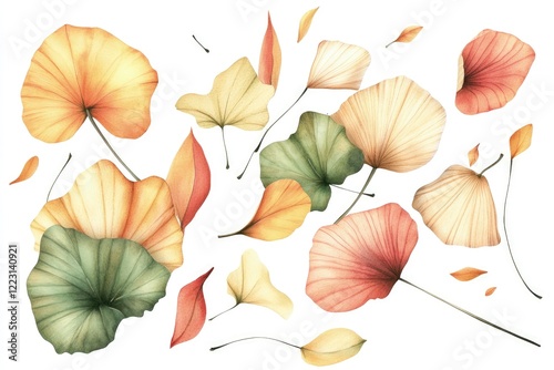 A vibrant collection of watercolor leaves in various colors and shapes, showcasing autumn's beauty