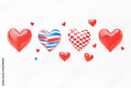 Colorful decorative hearts in various designs and patterns arranged on a white background