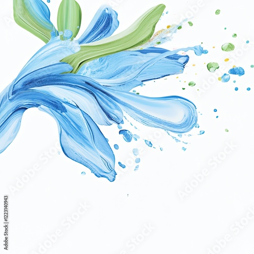 Abstract floral design featuring blue and green brush strokes against a white background