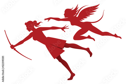  Dynamic Vector Silhouette of Woman Kicking Cupid Arrow Away, Energetic Defiant Pose, Vector Illustration, White Background