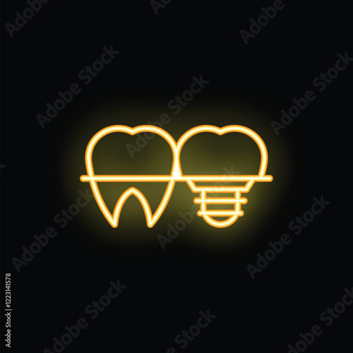 Glowing neon sign showing a dental implant replacing a tooth