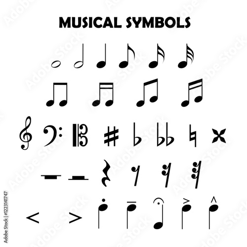 Educational list with musical symbols isolated on white background.
