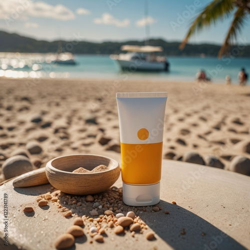 Mockup diseño de producto tubo de crema protector solar sobre una roca en una playa con el mar barcos y personas de fondo