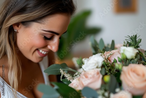 A smiling lady adores a vibrant floral arrangement, capturing an exquisite moment of appreciation for beauty and the joyous feeling that flowers inspire in us. photo