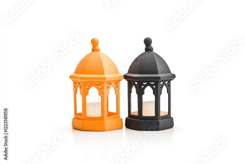 Two decorative lanterns, one orange and one black, displayed against a clean white background