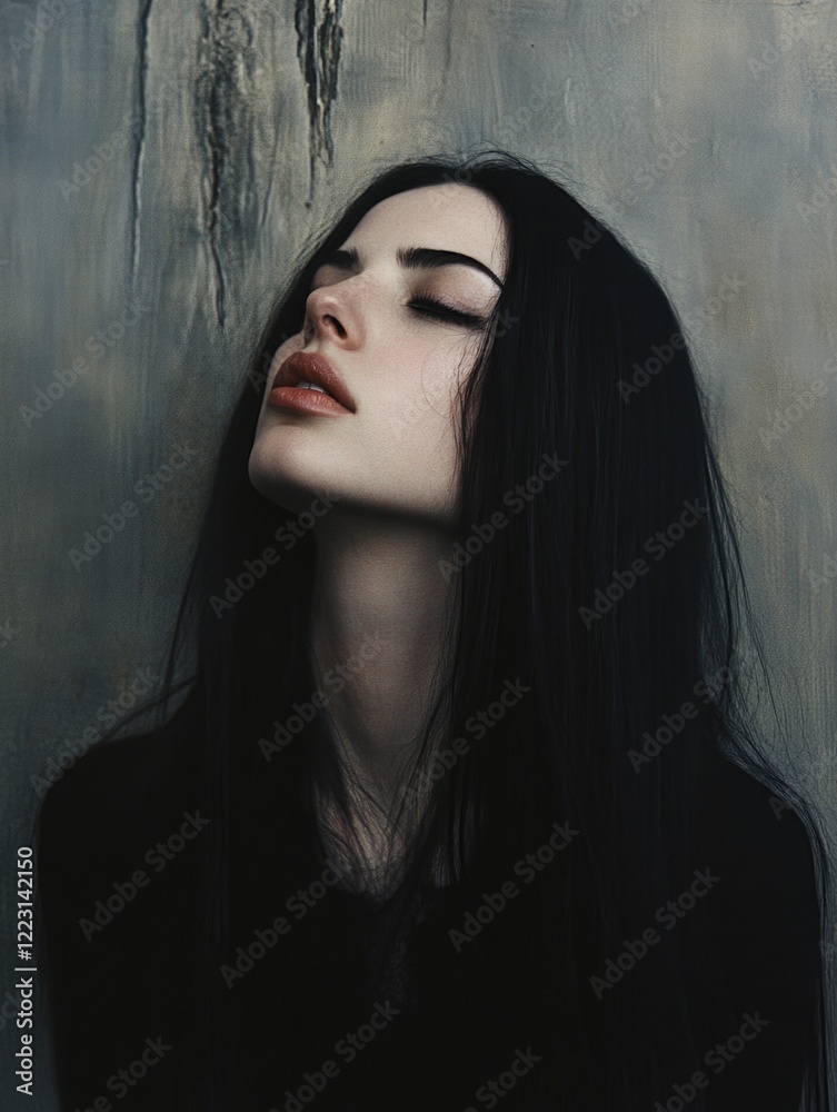 Woman with Long Black Hair Leaning Against Wall Woman with Long Black Hair Leaning Against Wall