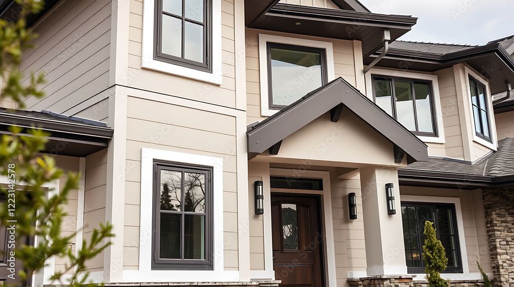 Modern House Exterior Design: Elegant Home Architecture and Facade. High-end Residential Property with Contemporary Style and Luxury Features. Modern House Exterior Design: Elegant Home Architecture and Facade. High-end Residential Property with Contemporary Style and Luxury Features.