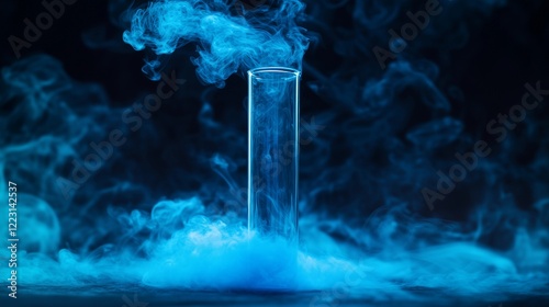 Mysterious blue smoke swirls around an empty test tube in a dark laboratory setting