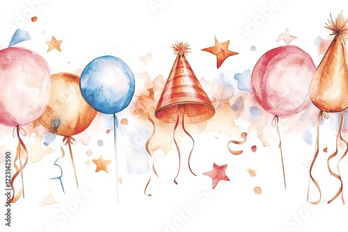 Colorful watercolor balloons and party hats with festive stars and confetti for celebrations
