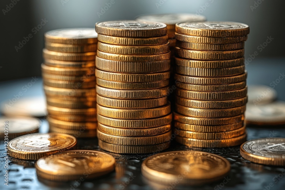 A pile of various coins stacked on a wooden table in natural light setting A pile of various coins stacked on a wooden table in natural light setting