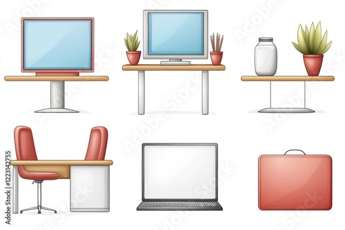 Illustration of modern office furniture including a desk, chair, television, laptop, and plants