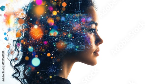 A double exposure of the profile view of an attractive woman with her head and shoulders visible