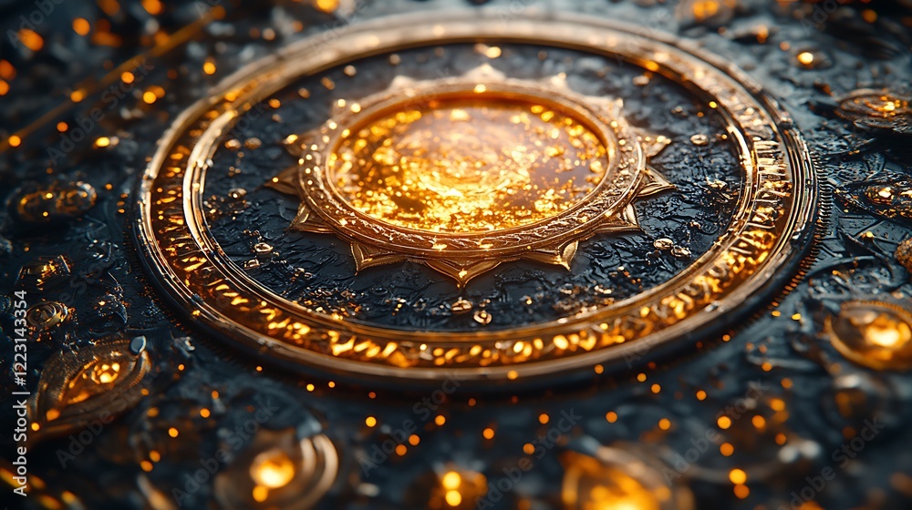 Fototapeta premium Ornate Golden Medallion with Intricate Embossing on Dark Texture