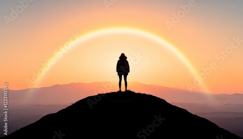 Silhouette of a person standing on a hilltop at sunset, with a vibrant rainbow arching in the sky