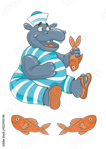 Sailor hippo in a striped swimsuit and orange flipflops holding a goldfish