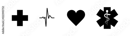 Caduceus health, symbol Asclepius wand icon. Set caduceus health silhouette