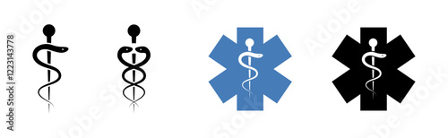 Caduceus health, symbol Asclepius wand icon. Set caduceus health silhouette