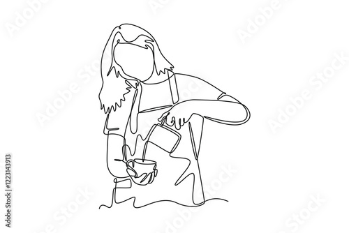 Barista making coffee concept. Single line draw design vector graphic illustration.