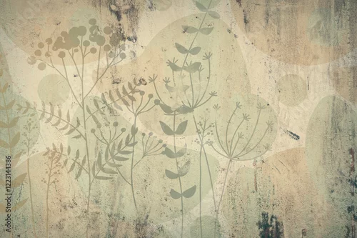 Fototapeta samoprzylepna Floral background for wallpaper, watercolor greenery, can be used as poster. Botanical art. Mural. Leaves on marble.	