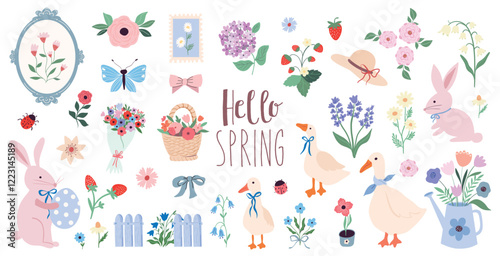 Hello Spring elements collection with different seasonal elements, flowers in bloom, geese and rabbits, vintage style, vector design