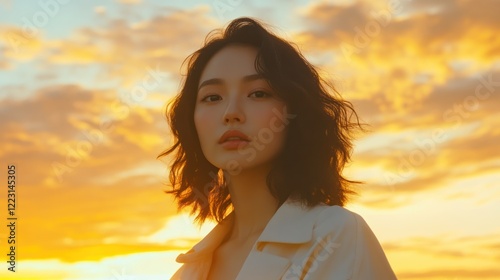 A portrait of a woman against a vibrant sunset background, evoking beauty and tranquility.