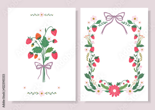 Strawberries greeting cards, invitation with coquette frame, bouquet and bows, vintage style