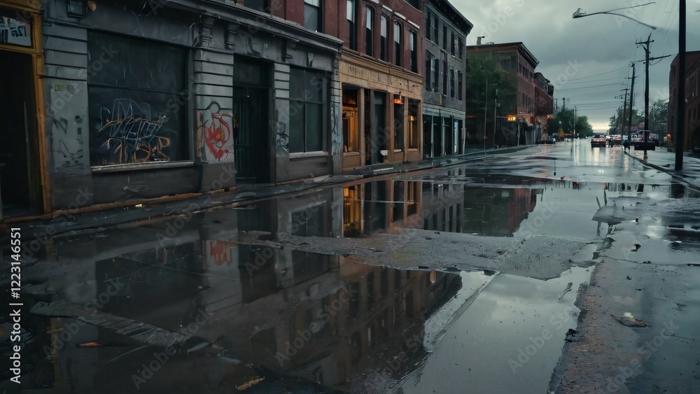Rain-Soaked Abandoned City with Cracked Asphalt and Faint Streetlights Rain-Soaked Abandoned City with Cracked Asphalt and Faint Streetlights