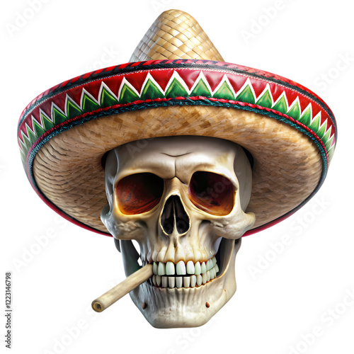 Skull wearing a mexican charro hat smoking a cigar 