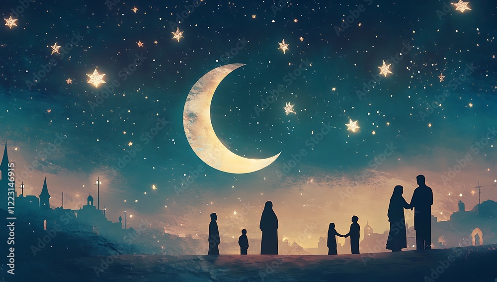 Silhouetted Figures Beneath a Starry Sky with Crescent Moon and Cityscape
Silhouetted Figures Beneath a Starry Sky with Crescent Moon and Cityscape