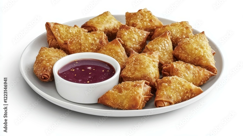Famous Food of Chinese concept. Crispy golden samosas served with tangy dipping sauce on a white plate. Famous Food of Chinese concept. Crispy golden samosas served with tangy dipping sauce on a white plate.