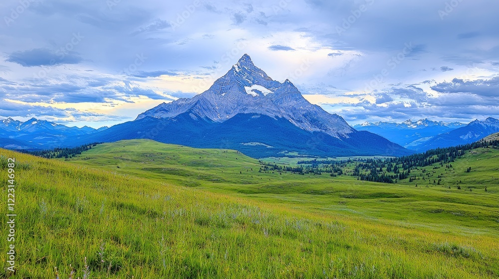 Majestic mountain peak, grassland vista, cloudy sky, panoramic landscape, travel poster