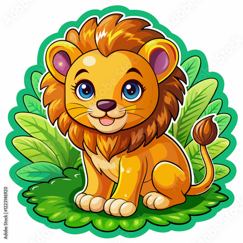 Vector illustration of a baby lion on the grass on white background - Generative AI
