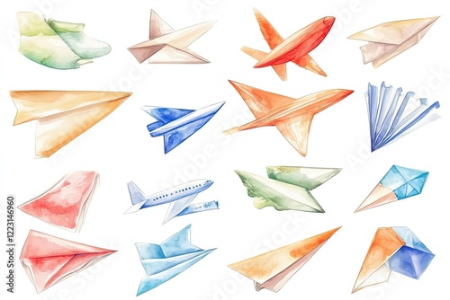 Colorful watercolor illustrations of various paper airplanes in different styles and sizes