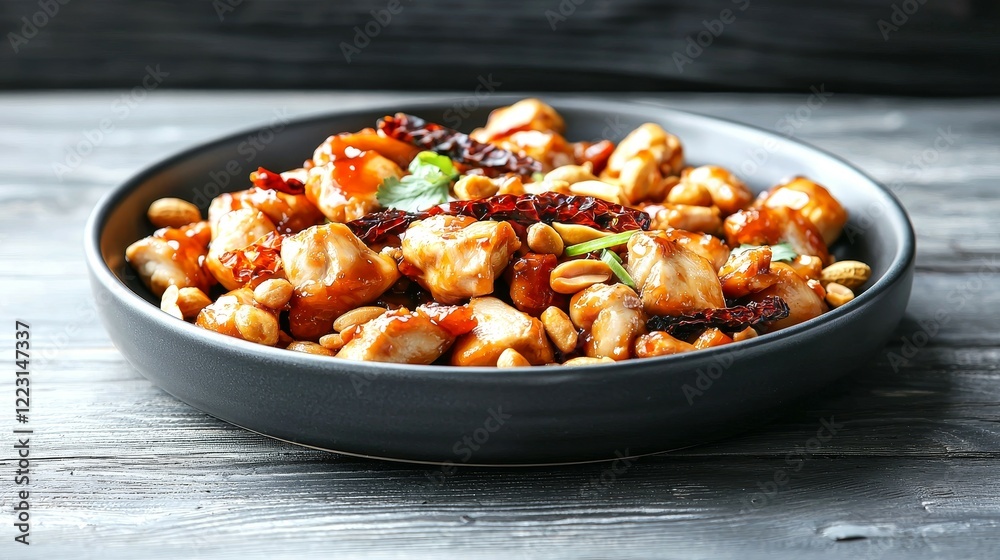 Fototapeta premium Famous Food of Chinese concept. Delicious chicken dish with peanuts and spices served in a dark bowl on a rustic table.
