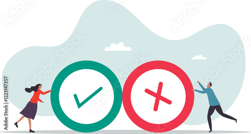 Pros and cons, do and dont or negative vs positive, comparison or advice article, yes or no, good or bad idea.business concept.flat character.