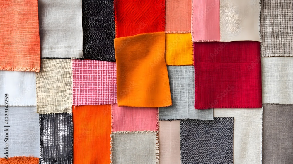 Colorful Variety of Fabric Swatches Displayed in a Creative and Textured Arrangement on a Textile Background Colorful Variety of Fabric Swatches Displayed in a Creative and Textured Arrangement on a Textile Background