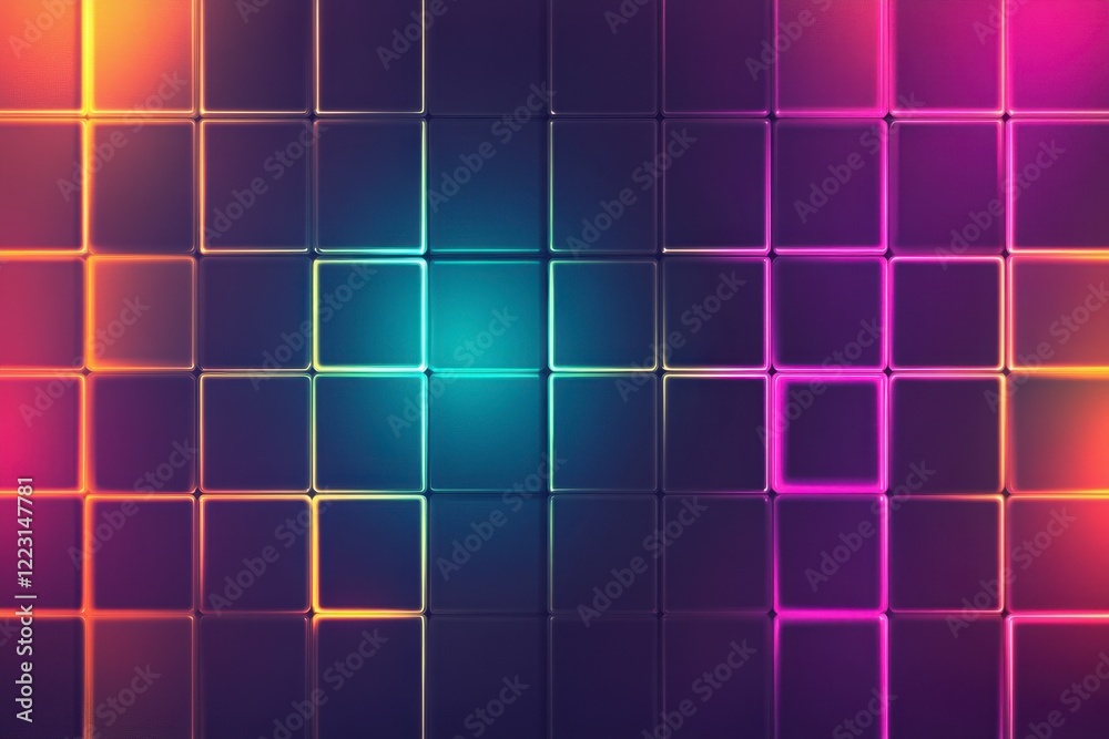 Vibrant Neon Grid Wall Pattern with Colorful Glow and Depth Effects Vibrant Neon Grid Wall Pattern with Colorful Glow and Depth Effects