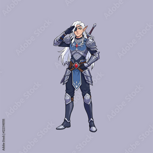 A noble elf knight, clad in shining silver armor, stands at attention.  His long white hair and one-eyed gaze add a touch of mystery to his heroic pose.  