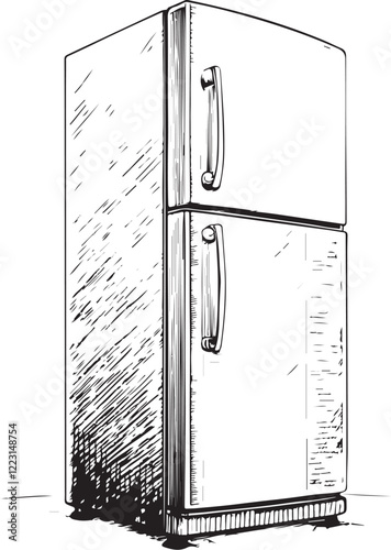 Fridge Refrigerator Freezer Sketch Drawing Linear Line Art Hand Drawn Black and White Vector Illustration Isolated on White