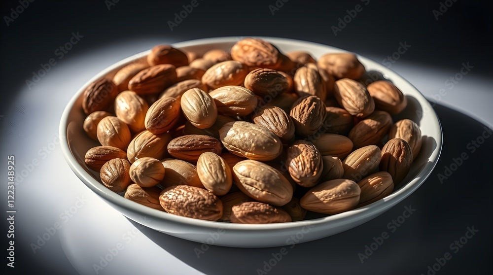 Fototapeta premium A graceful and elegant high-contrast image of peanuts and almonds in a plate, illuminated by intense dramatic lighting that creates tension and emphasizes refined features 